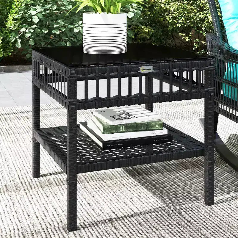 Outsunny Wicker Outdoor Rocking Chair Set, 3 Piece Patio Furniture Set with Padded Cushions and Storage Table, 2-Seater Rattan Bistro Set
