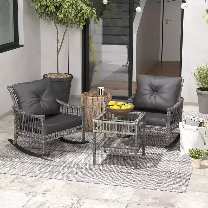 Outsunny Wicker Outdoor Rocking Chair Set, 3 Piece Patio Furniture Set with Padded Cushions and Storage Table, 2-Seater Rattan Bistro Set