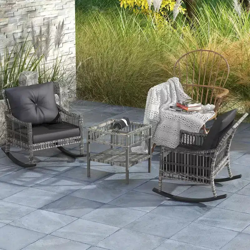 Outsunny Wicker Outdoor Rocking Chair Set, 3 Piece Patio Furniture Set with Padded Cushions and Storage Table, 2-Seater Rattan Bistro Set