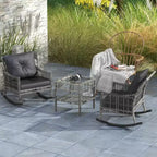 Outsunny Wicker Outdoor Rocking Chair Set, 3 Piece Patio Furniture Set with Padded Cushions and Storage Table, 2-Seater Rattan Bistro Set