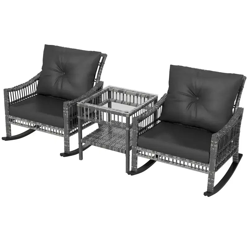 Outsunny Wicker Outdoor Rocking Chair Set, 3 Piece Patio Furniture Set with Padded Cushions and Storage Table, 2-Seater Rattan Bistro Set