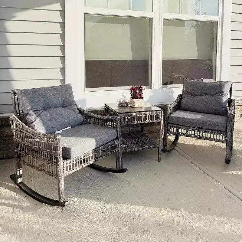 Outsunny Wicker Outdoor Rocking Chair Set, 3 Piece Patio Furniture Set with Padded Cushions and Storage Table, 2-Seater Rattan Bistro Set