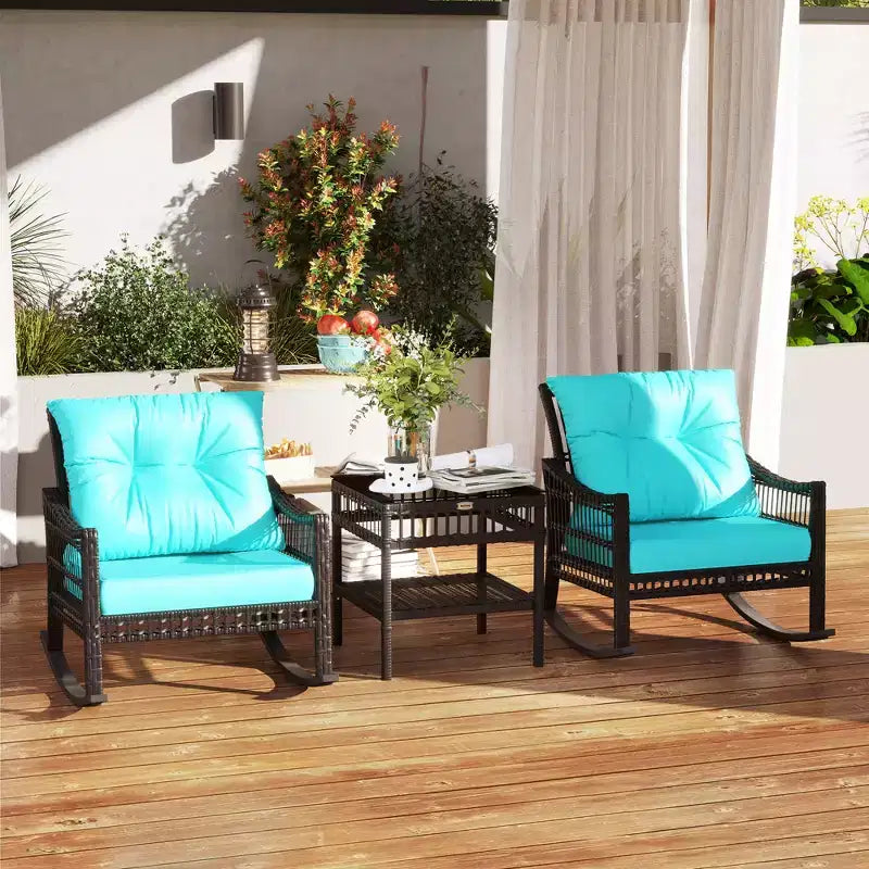 Outsunny Wicker Outdoor Rocking Chair Set, 3 Piece Patio Furniture Set with Padded Cushions and Storage Table, 2-Seater Rattan Bistro Set