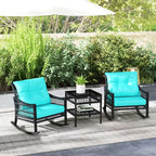 Outsunny Wicker Outdoor Rocking Chair Set, 3 Piece Patio Furniture Set with Padded Cushions and Storage Table, 2-Seater Rattan Bistro Set