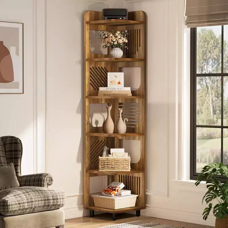 Lantine 6-Tier Corner Bookshelf, 71-Inch Rustic Tall Bookcase for Living Room, Bedroom, Office