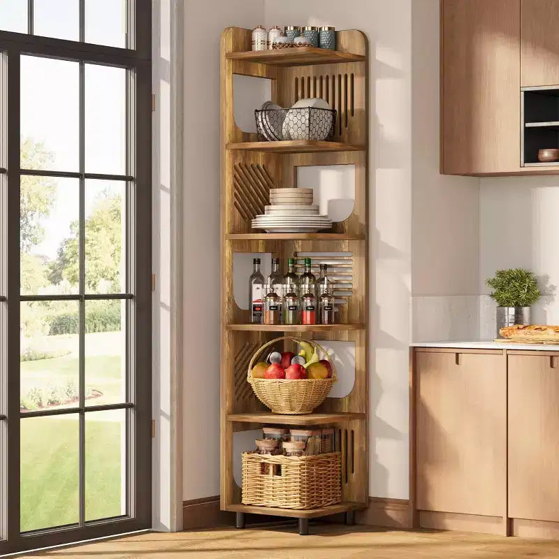 Lantine 6-Tier Corner Bookshelf, 71-Inch Rustic Tall Bookcase for Living Room, Bedroom, Office