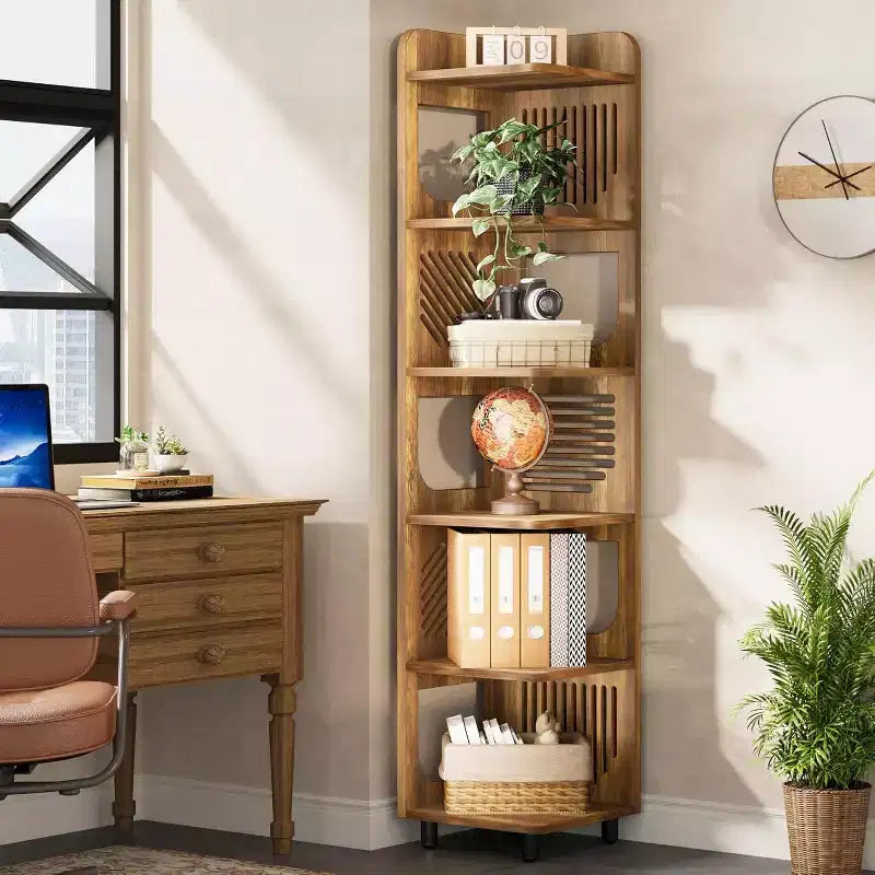 Lantine 6-Tier Corner Bookshelf, 71-Inch Rustic Tall Bookcase for Living Room, Bedroom, Office