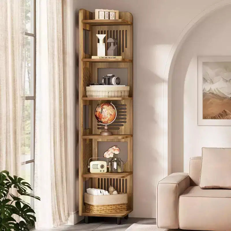 Lantine 6-Tier Corner Bookshelf, 71-Inch Rustic Tall Bookcase for Living Room, Bedroom, Office