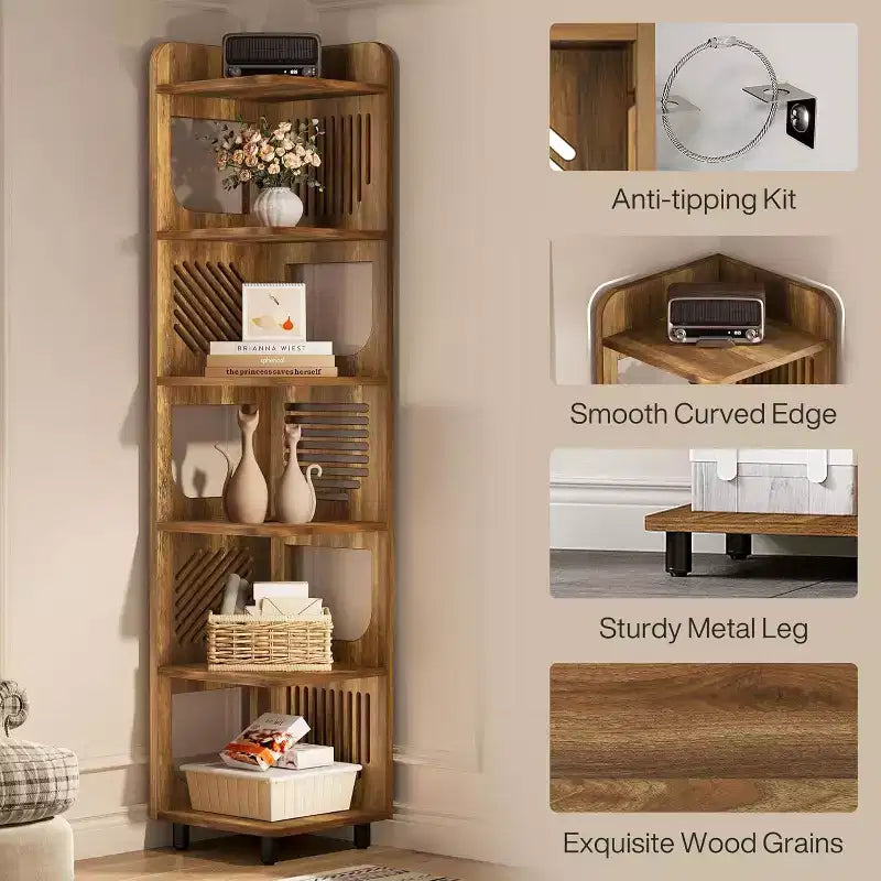 Lantine 6-Tier Corner Bookshelf, 71-Inch Rustic Tall Bookcase for Living Room, Bedroom, Office