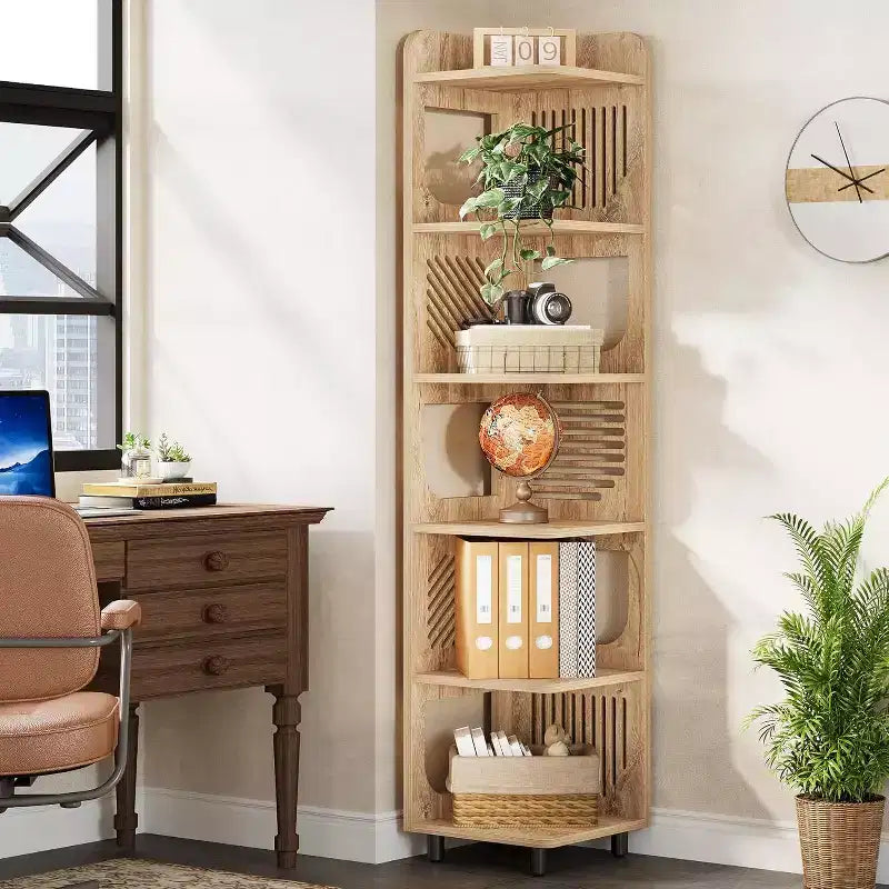 Lantine 6-Tier Corner Bookshelf, 71-Inch Rustic Tall Bookcase for Living Room, Bedroom, Office
