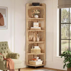 Lantine 6-Tier Corner Bookshelf, 71-Inch Rustic Tall Bookcase for Living Room, Bedroom, Office
