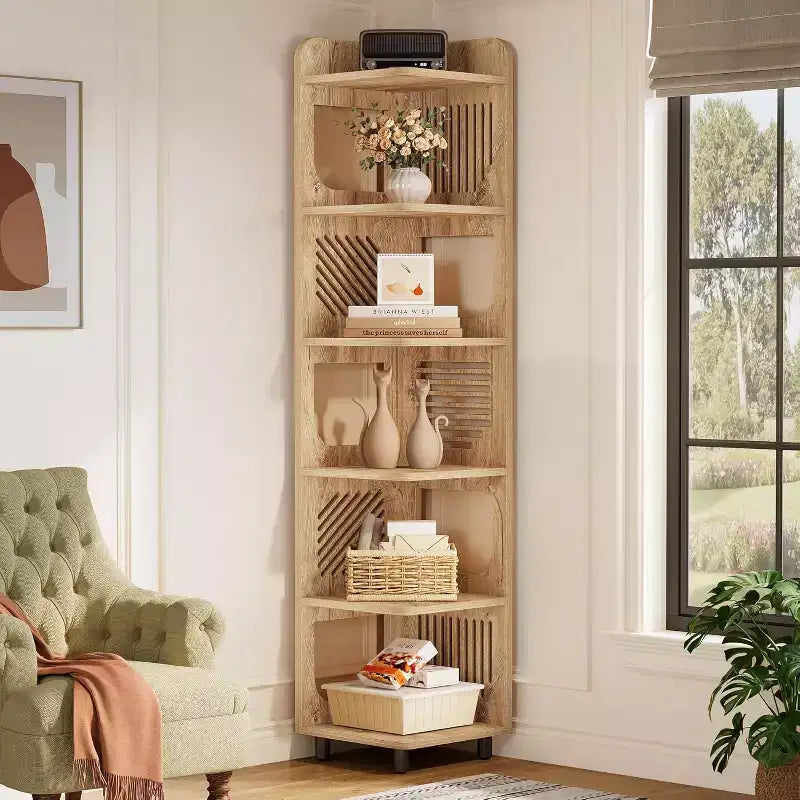 Lantine 6-Tier Corner Bookshelf, 71-Inch Rustic Tall Bookcase for Living Room, Bedroom, Office