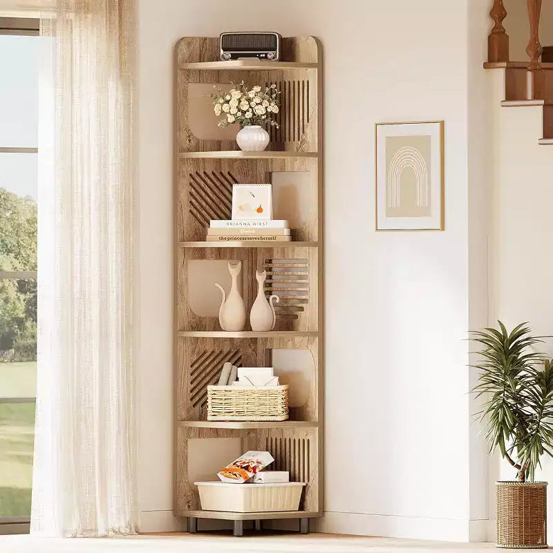 Lantine 6-Tier Corner Bookshelf, 71-Inch Rustic Tall Bookcase for Living Room, Bedroom, Office