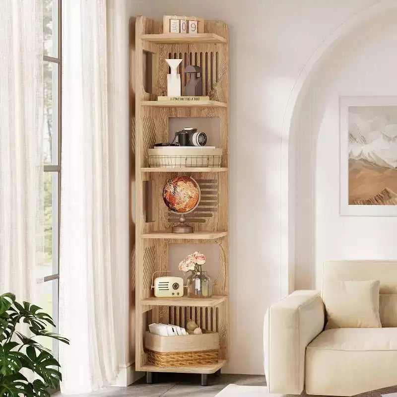 Lantine 6-Tier Corner Bookshelf, 71-Inch Rustic Tall Bookcase for Living Room, Bedroom, Office