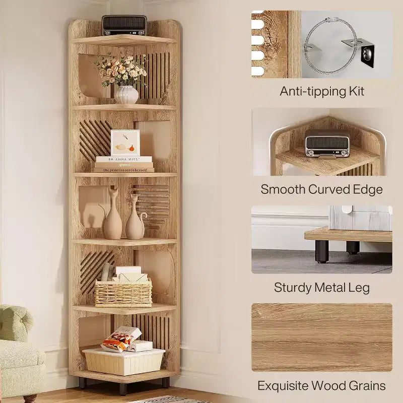 Lantine 6-Tier Corner Bookshelf, 71-Inch Rustic Tall Bookcase for Living Room, Bedroom, Office