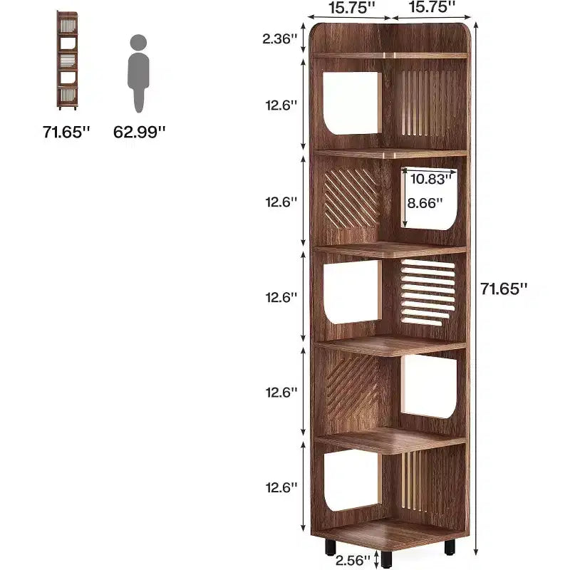 Lantine 6-Tier Corner Bookshelf, 71-Inch Rustic Tall Bookcase for Living Room, Bedroom, Office