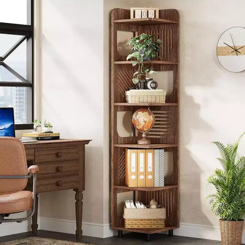 Lantine 6-Tier Corner Bookshelf, 71-Inch Rustic Tall Bookcase for Living Room, Bedroom, Office