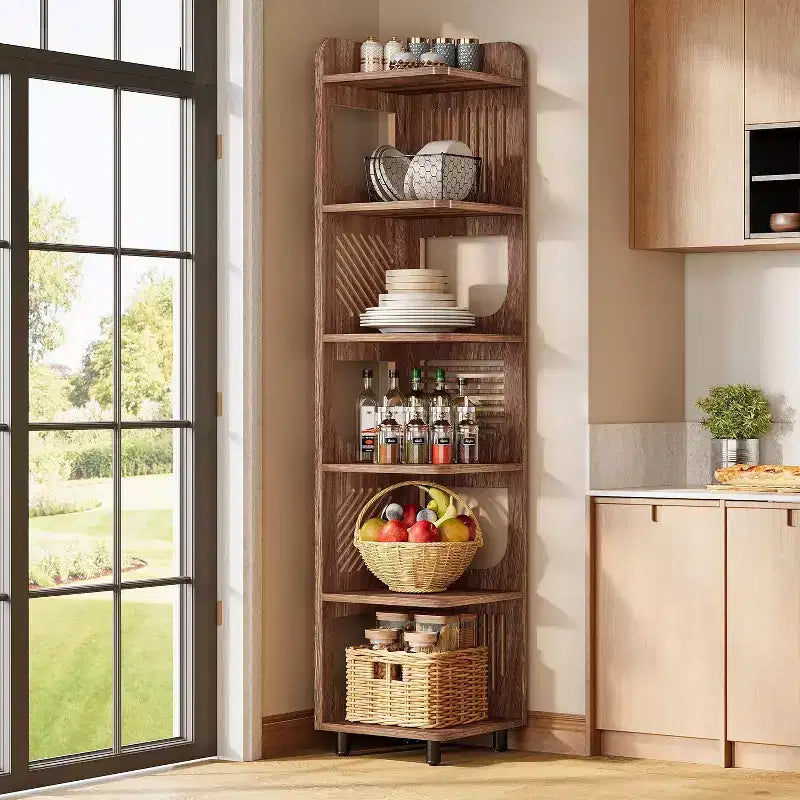 Lantine 6-Tier Corner Bookshelf, 71-Inch Rustic Tall Bookcase for Living Room, Bedroom, Office