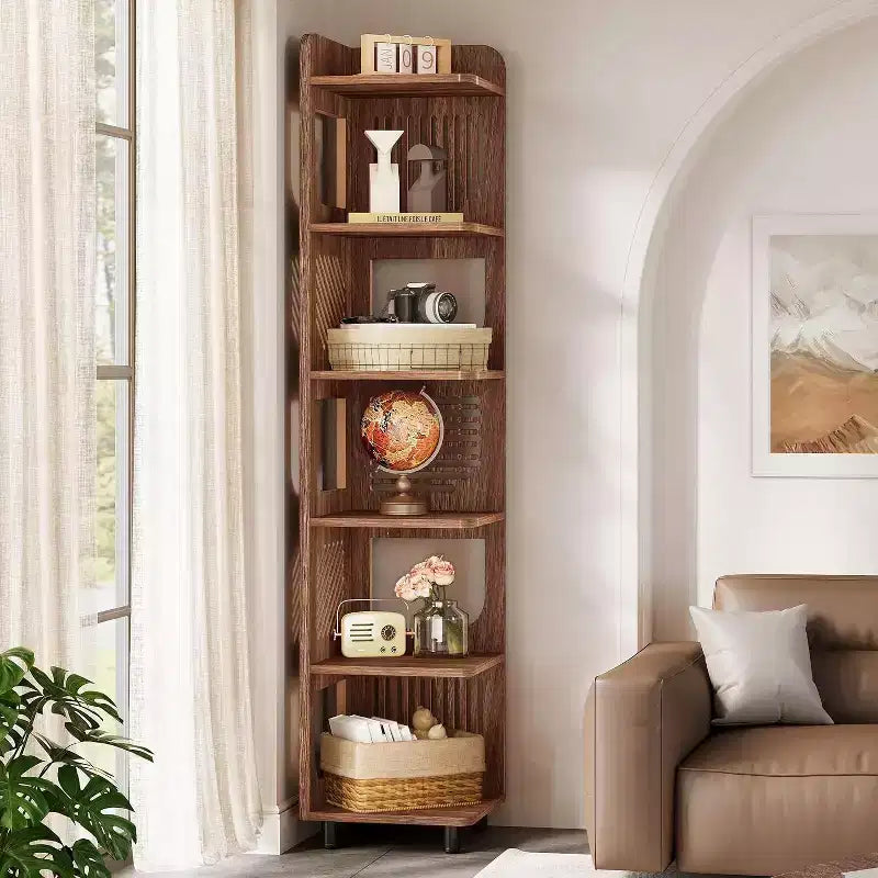 Lantine 6-Tier Corner Bookshelf, 71-Inch Rustic Tall Bookcase for Living Room, Bedroom, Office