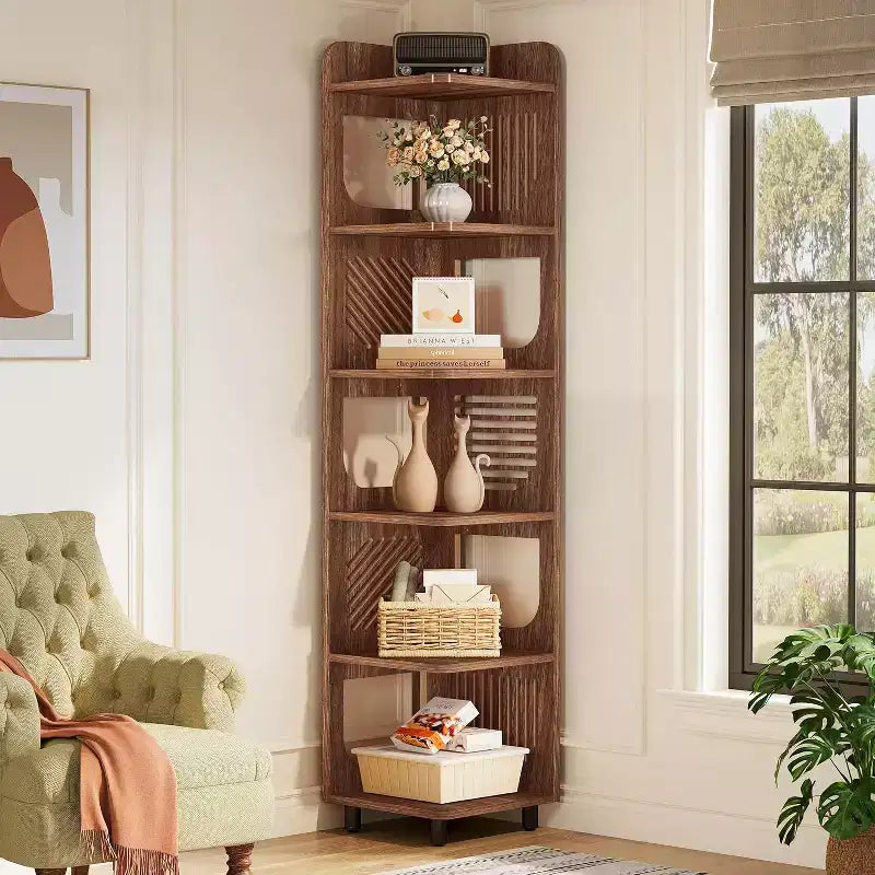 Lantine 6-Tier Corner Bookshelf, 71-Inch Rustic Tall Bookcase for Living Room, Bedroom, Office