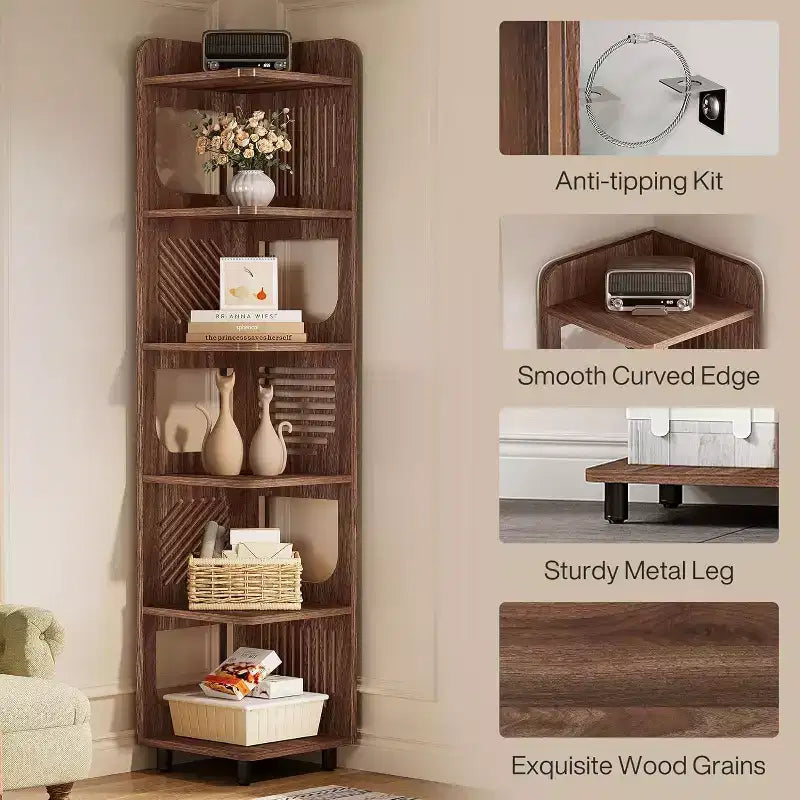 Lantine 6-Tier Corner Bookshelf, 71-Inch Rustic Tall Bookcase for Living Room, Bedroom, Office