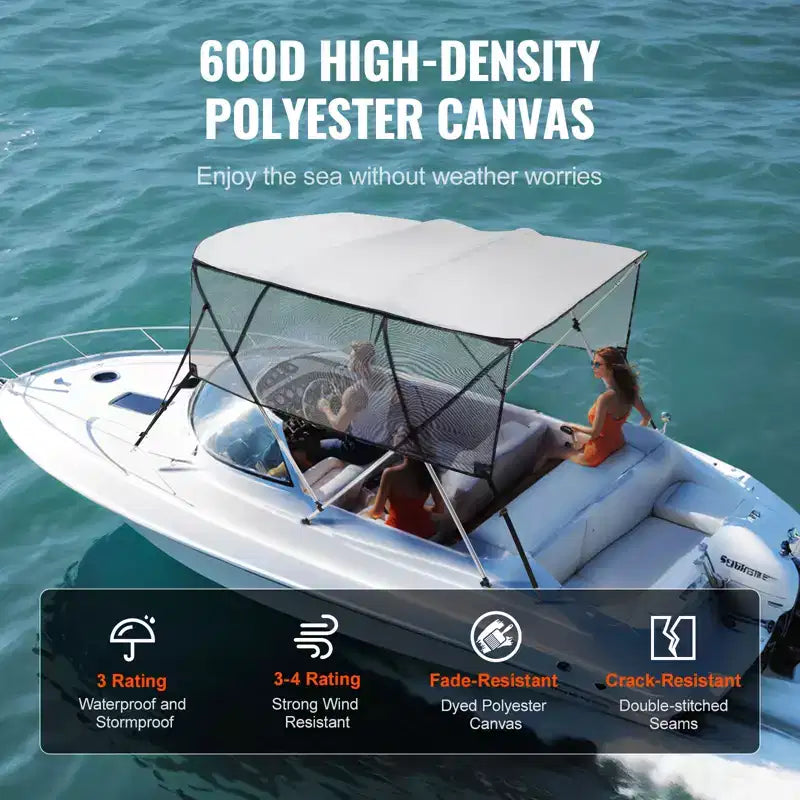 VEVOR 4 Bow Bimini Top Boat Cover, Detachable Mesh Sidewalls, 600D Polyester Canopy with 1 Aluminum Alloy Frame