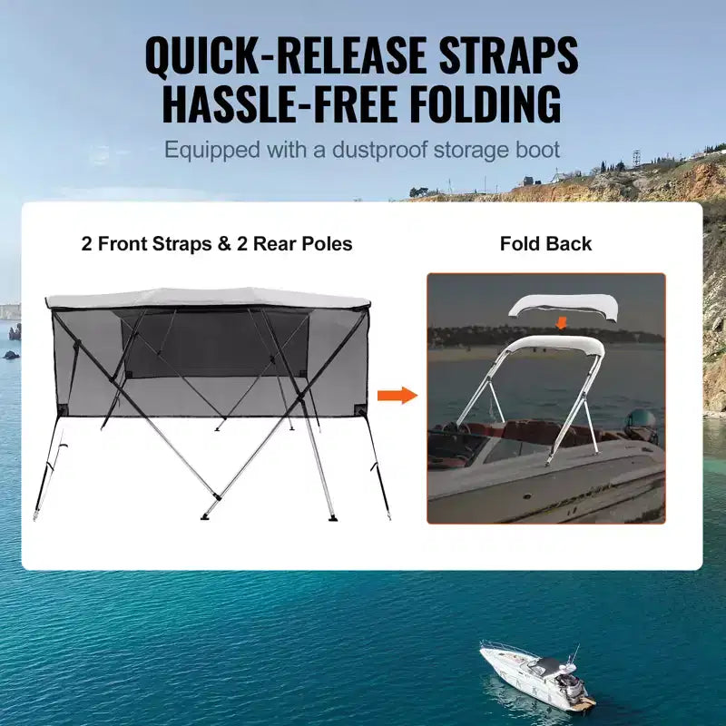 VEVOR 4 Bow Bimini Top Boat Cover, Detachable Mesh Sidewalls, 600D Polyester Canopy with 1 Aluminum Alloy Frame