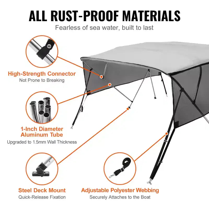 VEVOR 4 Bow Bimini Top Boat Cover, Detachable Mesh Sidewalls, 600D Polyester Canopy with 1 Aluminum Alloy Frame