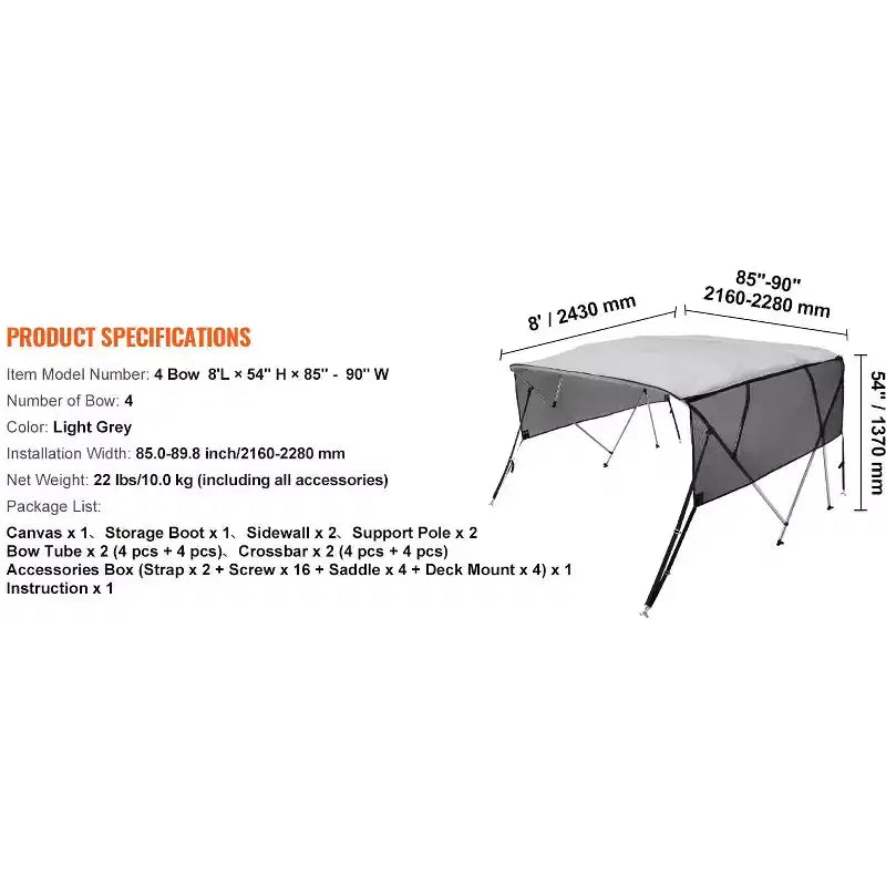 VEVOR 4 Bow Bimini Top Boat Cover, Detachable Mesh Sidewalls, 600D Polyester Canopy with 1 Aluminum Alloy Frame