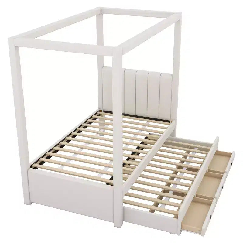 Whisen Full Size Linen Upholstery Canopy Platform Bed with Trundle and Three Storage Drawers