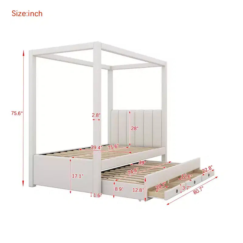 Whisen Full Size Linen Upholstery Canopy Platform Bed with Trundle and Three Storage Drawers