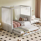 Whisen Full Size Linen Upholstery Canopy Platform Bed with Trundle and Three Storage Drawers