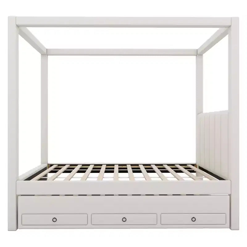 Whisen Full Size Linen Upholstery Canopy Platform Bed with Trundle and Three Storage Drawers