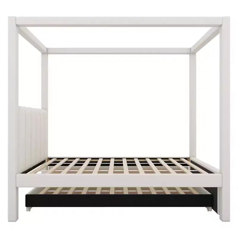 Whisen Full Size Linen Upholstery Canopy Platform Bed with Trundle and Three Storage Drawers