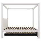 Whisen Full Size Linen Upholstery Canopy Platform Bed with Trundle and Three Storage Drawers