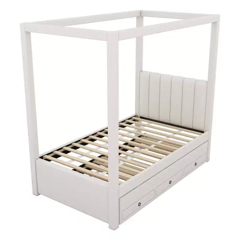 Whisen Full Size Linen Upholstery Canopy Platform Bed with Trundle and Three Storage Drawers