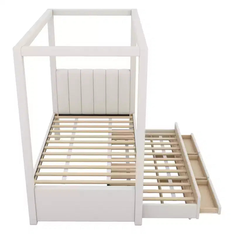 Whisen Full Size Linen Upholstery Canopy Platform Bed with Trundle and Three Storage Drawers