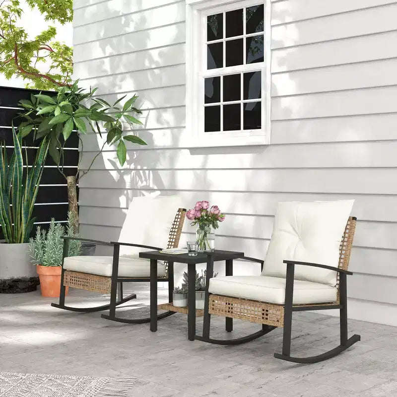 Outsunny 3 Pieces Patio Bistro Set, Wicker Furniture Set with Button Tufted Cushions, Rattan Rocking Chairs and Coffee Table