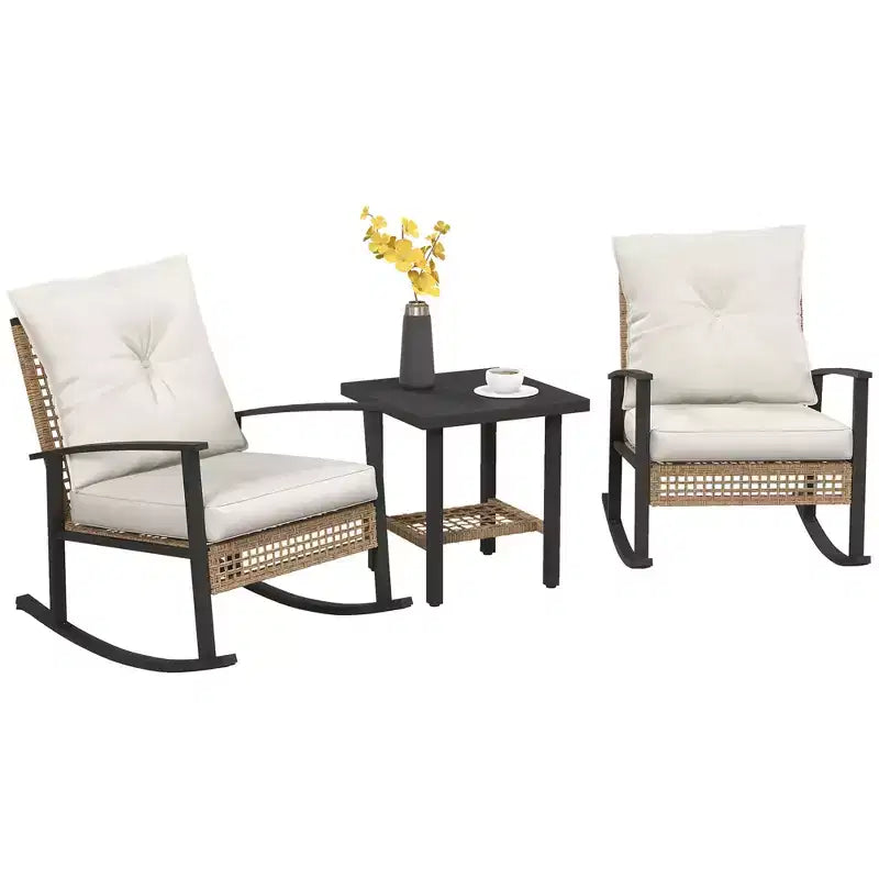 Outsunny 3 Pieces Patio Bistro Set, Wicker Furniture Set with Button Tufted Cushions, Rattan Rocking Chairs and Coffee Table