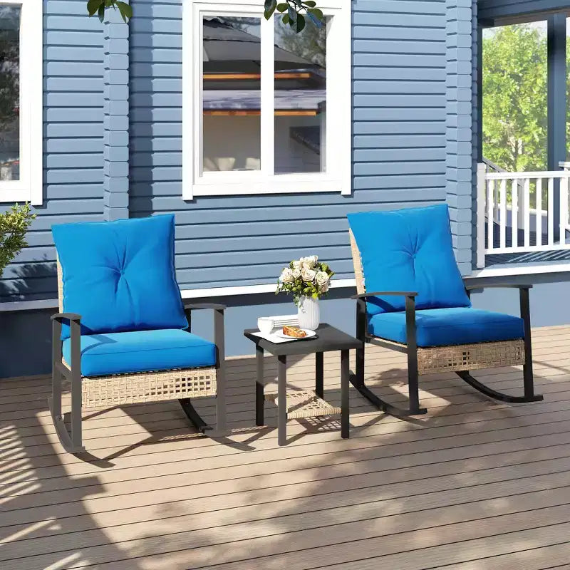 Outsunny 3 Pieces Patio Bistro Set, Wicker Furniture Set with Button Tufted Cushions, Rattan Rocking Chairs and Coffee Table