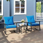 Outsunny 3 Pieces Patio Bistro Set, Wicker Furniture Set with Button Tufted Cushions, Rattan Rocking Chairs and Coffee Table