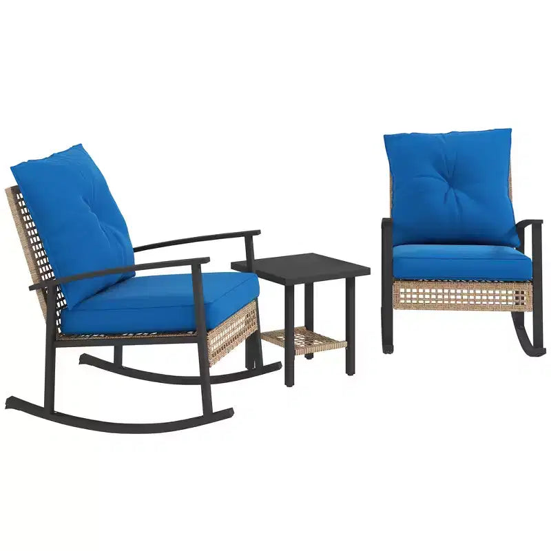 Outsunny 3 Pieces Patio Bistro Set, Wicker Furniture Set with Button Tufted Cushions, Rattan Rocking Chairs and Coffee Table