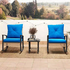 Outsunny 3 Pieces Patio Bistro Set, Wicker Furniture Set with Button Tufted Cushions, Rattan Rocking Chairs and Coffee Table