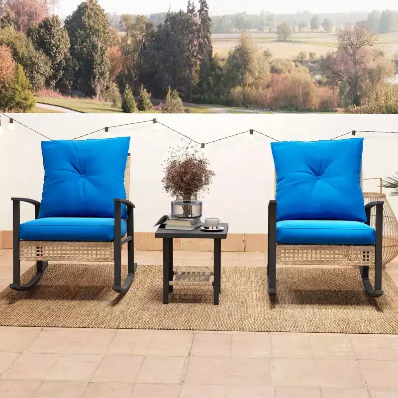Outsunny 3 Pieces Patio Bistro Set, Wicker Furniture Set with Button Tufted Cushions, Rattan Rocking Chairs and Coffee Table