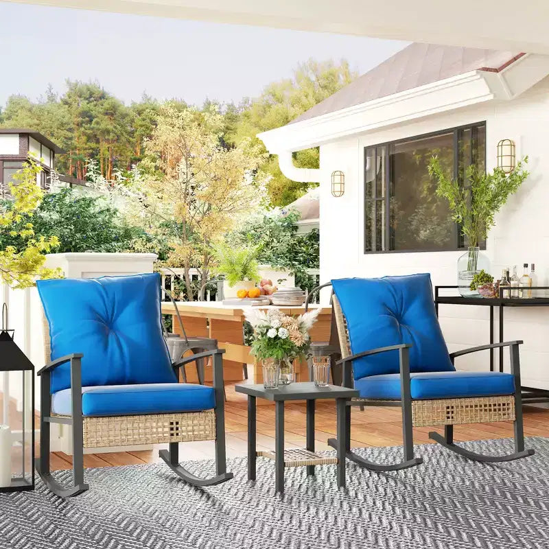 Outsunny 3 Pieces Patio Bistro Set, Wicker Furniture Set with Button Tufted Cushions, Rattan Rocking Chairs and Coffee Table
