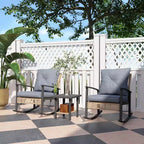 Outsunny 3 Pieces Patio Bistro Set, Wicker Furniture Set with Button Tufted Cushions, Rattan Rocking Chairs and Coffee Table