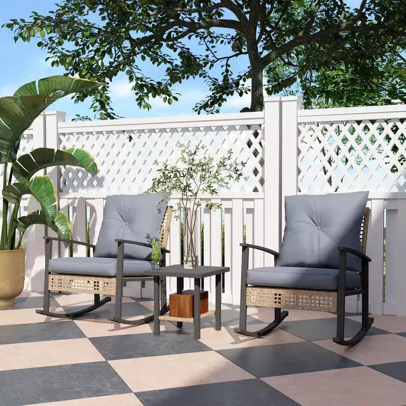 Outsunny 3 Pieces Patio Bistro Set, Wicker Furniture Set with Button Tufted Cushions, Rattan Rocking Chairs and Coffee Table