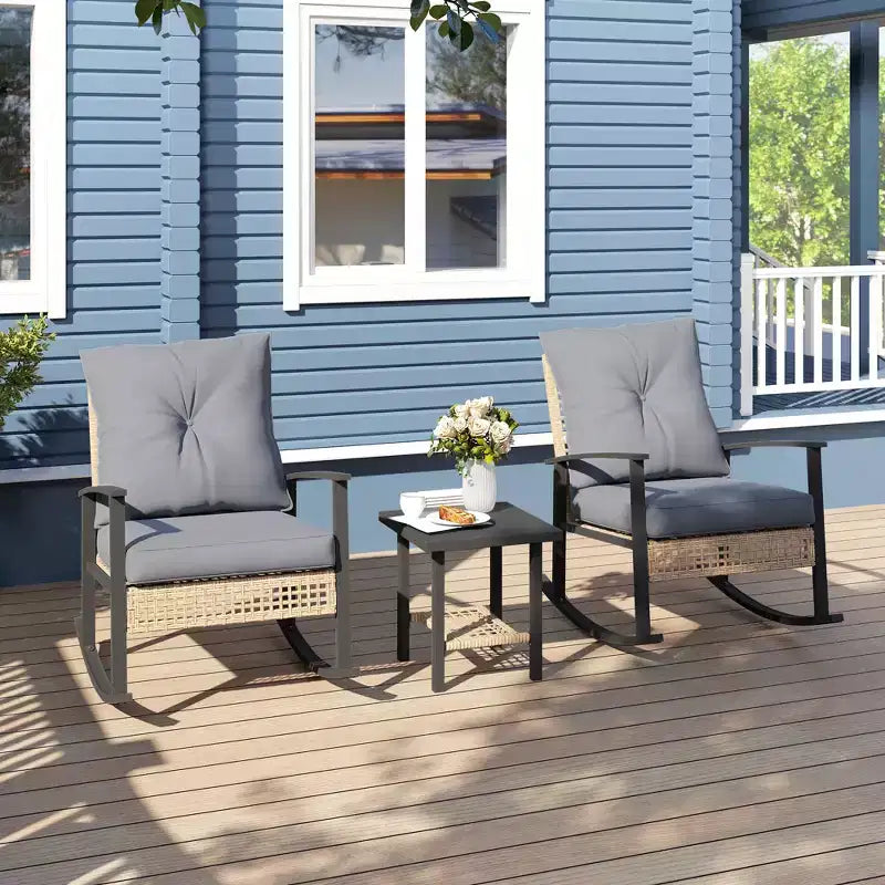 Outsunny 3 Pieces Patio Bistro Set, Wicker Furniture Set with Button Tufted Cushions, Rattan Rocking Chairs and Coffee Table