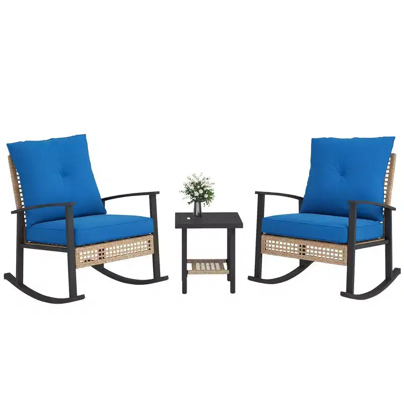 Outsunny 3 Pieces Patio Bistro Set, Wicker Furniture Set with Button Tufted Cushions, Rattan Rocking Chairs and Coffee Table