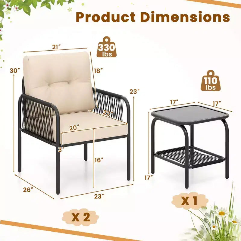 Costway 3 PCS Patio Bistro Set with Tempered Glass Table Chairs Back and Seat Cushions